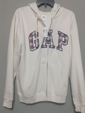 GAP Cream Full-Zip Hoodie with Plaid Logo